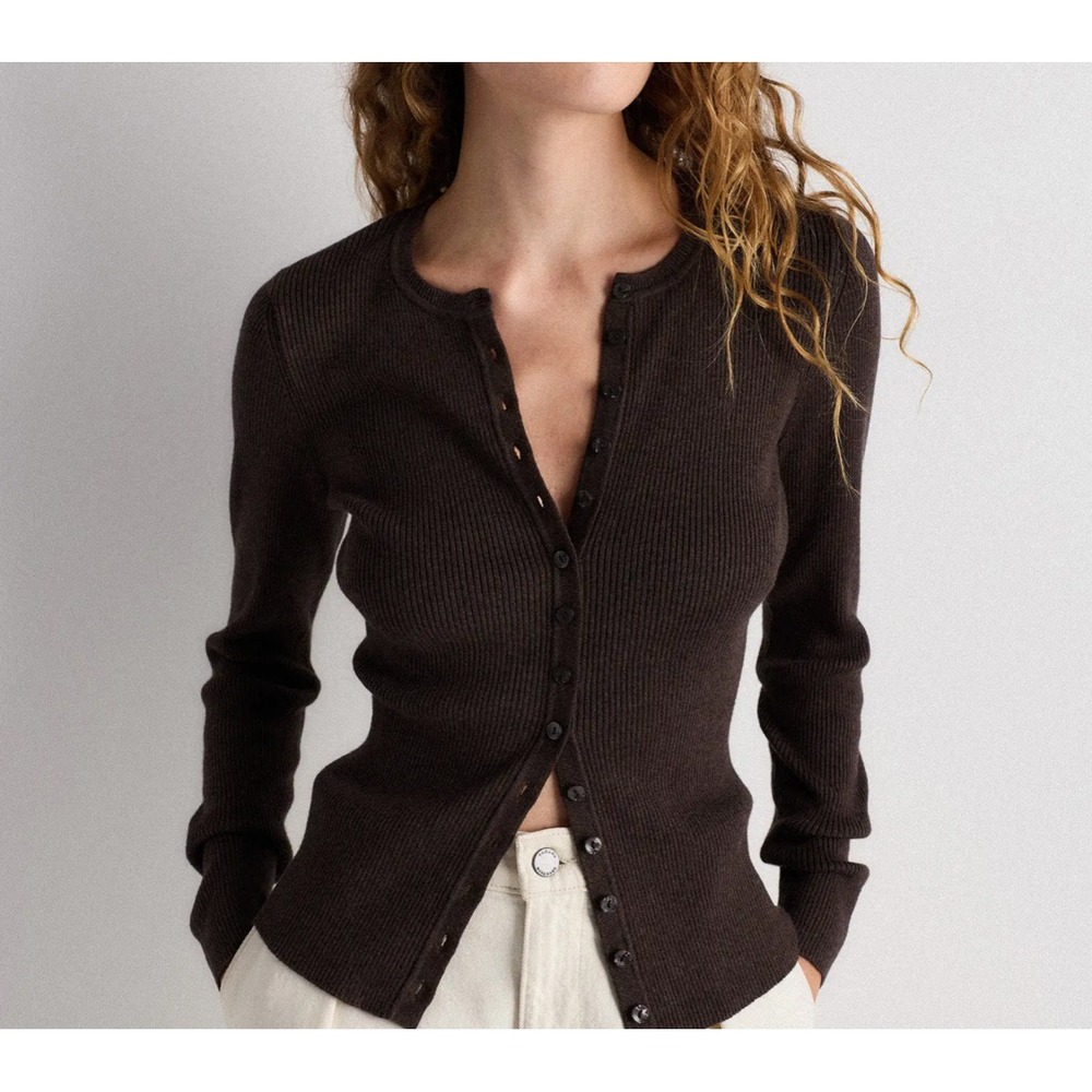 Quince Cotton Cashmere Fitted Ribbed Cardigan Mocha Heather XL Minimalist Luxury